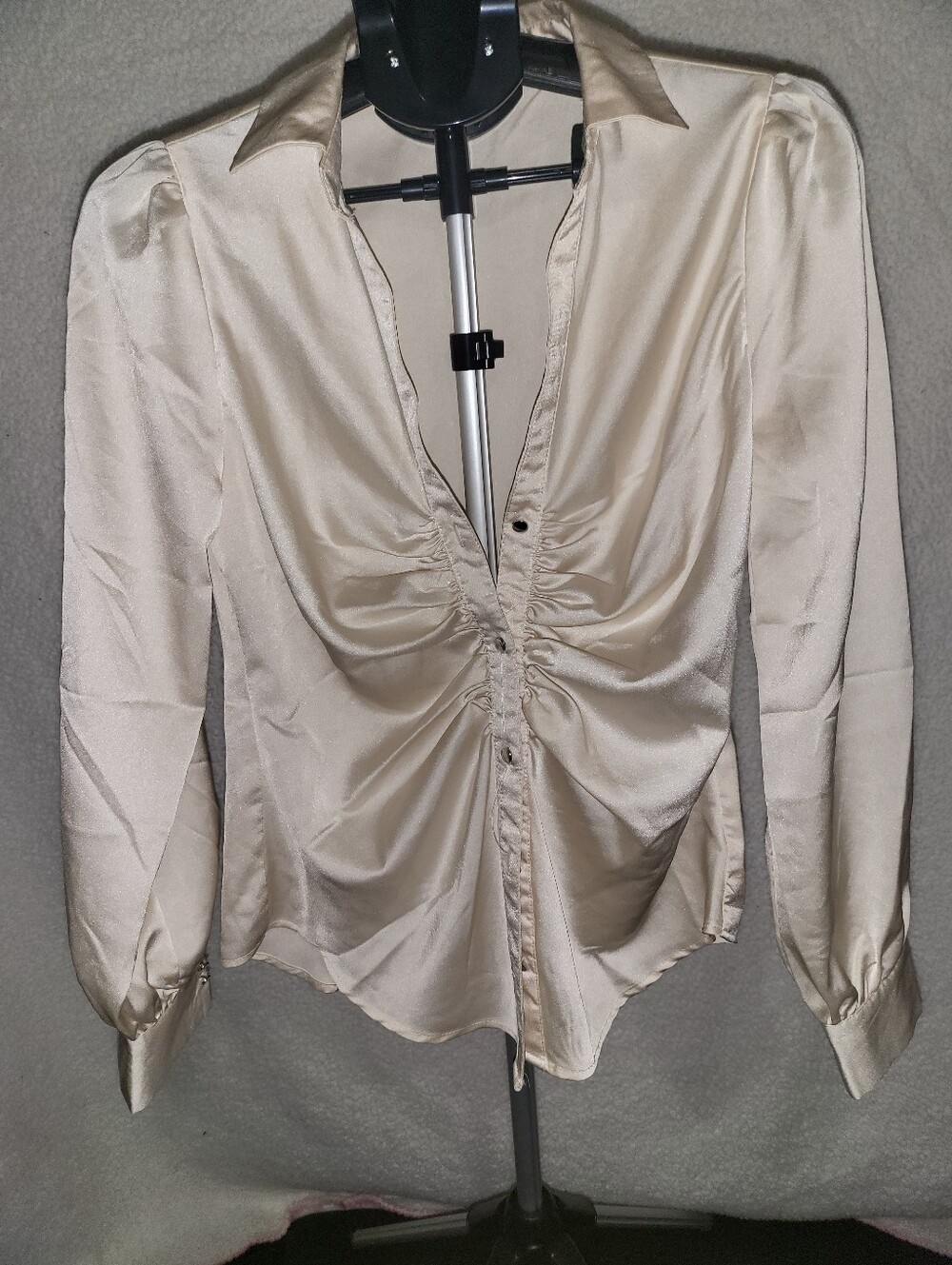 Ruched Satin Button-Down Blouse - Cream